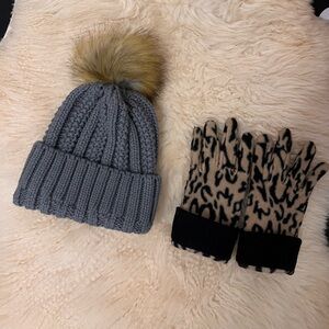 Set of 2! Jessica Knit Hat with Pompom and animal print fleece gloves